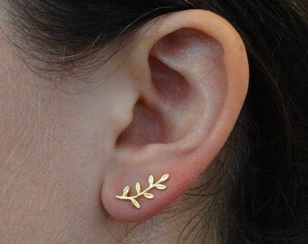 Gold Ear Climber, Branch Climber Earrings, Gold Leaf Ear Crawler, Boho Gold Earrings, Ear Cuff, Gold Vermeil