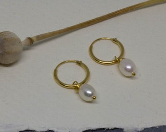 Gold Hoops, Gold and Pearl Earrings, Gold Charm Hoops, June Birthstone Earrings, Everyday Hoops, Gold Vermeil