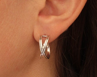 Silver Hoop Earrings, Chunky Silver Hoops, Crossover Hoops, Textured Silver Hoops, Sterling Silver, Wide Silver Hoops