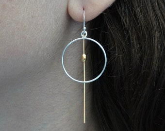 Silver and Gold Earrings, Open Circle Earrings, Circle and Bar Earrings, Minimal Silver Earrings, Mixed Metal Drop Earrings, Sterling Silver