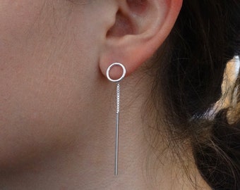 Silver Earrings, Silver Ear Jacket, Silver Chain Earrings, Open Circle Stud Earrings, Minimalist Sterling Silver Earrings