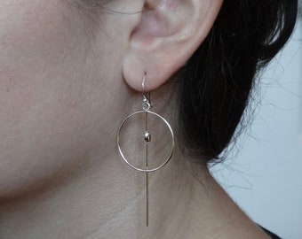 Silver Earrings, Silver Circle Earrings, Circle and Bar Earrings, Minimal Silver Earrings, Open Circle Drop Earrings, Sterling Silver