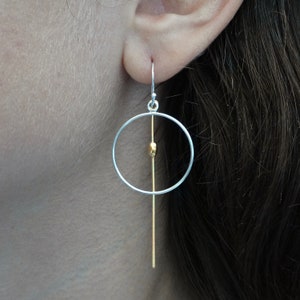 Silver and Gold Earrings, Open Circle Earrings, Circle and Bar Earrings, Minimal Silver Earrings, Mixed Metal Drop Earrings, Sterling Silver