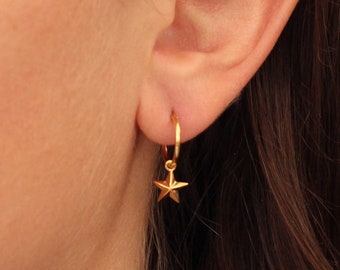 Gold Hoops, Gold Hoop Earrings, Star Charm Hoop Earrings, Boho Gold Hoops, Gold Vermeil