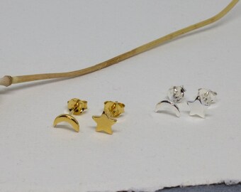 Star and Moon Earrings, Mismatched Stud Earrings, Gold Star Studs, Sterling Silver Moon Earrings, Celestial Jewellery