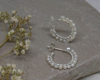 Silver and Pearl Hoops, Boho Pearl Earrings, Natural Freshwater Pearl, Sterling Silver Beaded Hoops