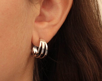 Silver Triple Hoops, Chunky Silver Hoops, Minimal Hoop Earrings, Studs Hoops, Sterling Silver