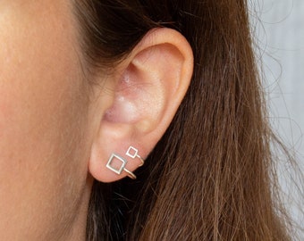 Silver Triangle Studs, Geometric Climber Earrings, Single Piercing Earring, Edgy Illusion Earrings, Ear Crawler