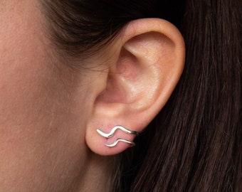 Silver Wave Stud Earrings, Single Piercing Climber Earring, Sterling Silver Illusion Earrings, Ear Crawler