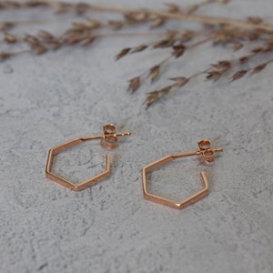 Hexagon Earrings, Rose Gold Hoop Earrings, Hexagon Hoops, Minimal Hoop Earrings, Edgy Hoop Earrings, Rose Gold Vermeil