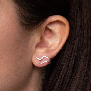 Silver Wave Stud Earrings, Single Piercing Climber Earring, Sterling Silver Illusion Earrings, Ear Crawler