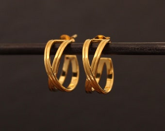 Gold Hoop Earrings, Chunky Gold Hoops, Crossover Hoops, Textured Gold Hoops, Gold Vermeil