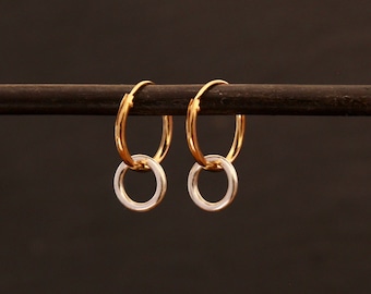 Silver and Gold Hoops, Mixed Metals Hoop Earrings, Open Circle Earrings, Geometric Silver Hoops, Everyday Earrings, Gold and Silver