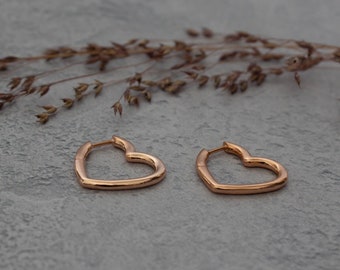 Rose Gold Hoop Earrings, Rose Gold Heart Hoops, Chunky Pink Gold Hoops, Heart Shape Earrings, Rose Gold Vermeil