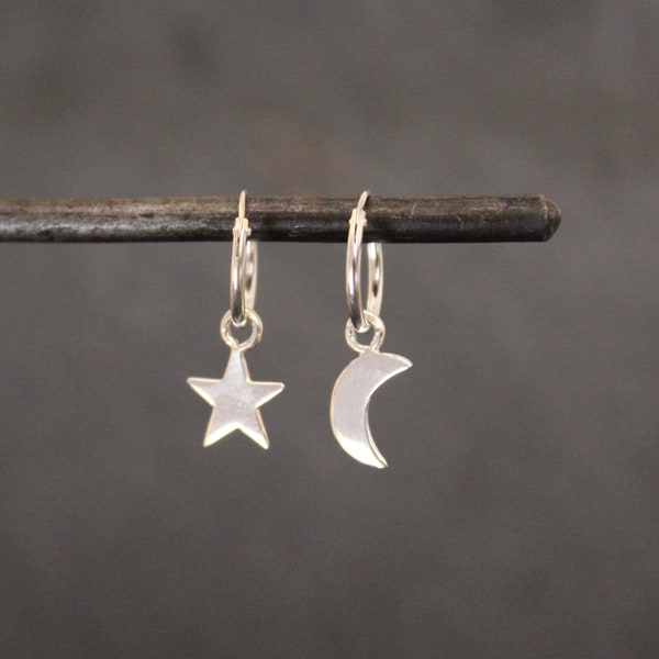 Star and Moon Earrings, Silver Hoops, Silver Hoop Earrings, Mismatched Earrings, Charm Hoop Earrings, Boho Silver Hoops