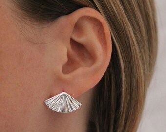 Silver Fan Earrings, Silver Stud Earrings, Geometric Silver Studs, Sterling Silver