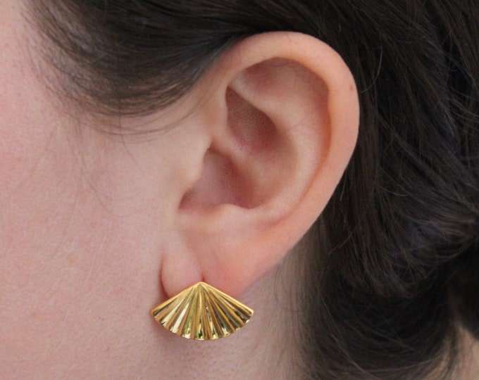 Gold Fan Earrings, Gold Stud Earrings, Geometric Gold Studs, Gold