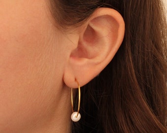 Pearl and Gold Hoops, Gold Hoop Earrings, Charm Hoops, Freshwater Pearl, June Birthstone