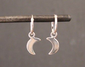 Silver Hoops, Silver Hoop Earrings, Moon Charm Hoop Earrings, Boho Silver Hoops, Sterling Silver