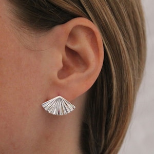 Silver Fan Earrings, Silver Stud Earrings, Geometric Silver Studs, Sterling Silver image 1