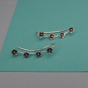 Silver Ear Climbers, Flower Climber Earrings, Sterling Silver Ear Crawlers , Ear Cuff, Boho Silver Stud Earrings image 2