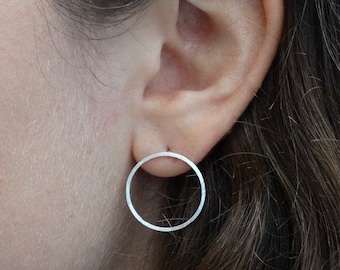 Geometric Stud Earrings, Silver Circle Earrings, Minimal Silver Jewellery, Matt Silver Studs, Brushed Sterling Silver