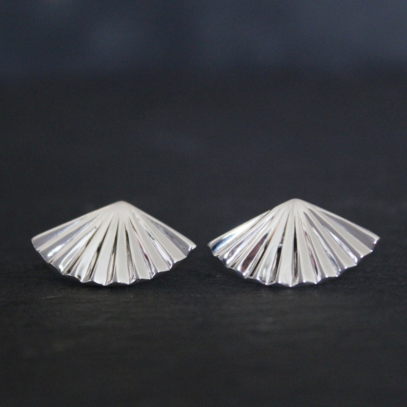 Silver Fan Earrings, Silver Stud Earrings, Geometric Silver Studs, Sterling Silver image 2