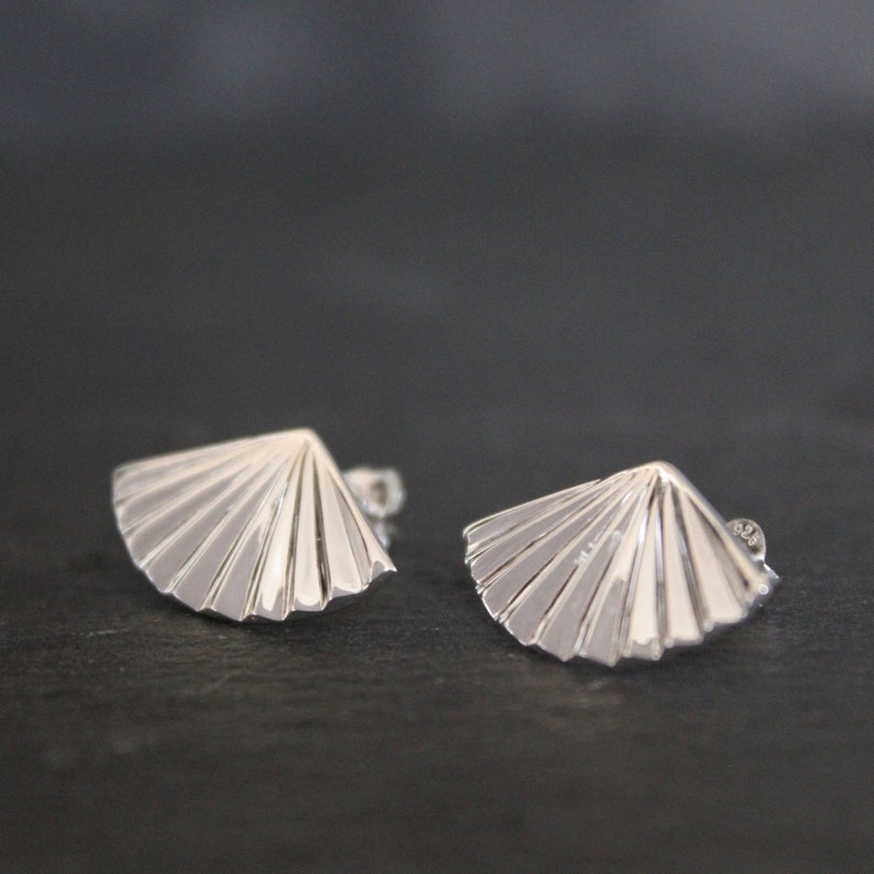 Silver Fan Earrings, Silver Stud Earrings, Geometric Silver Studs, Sterling Silver image 3