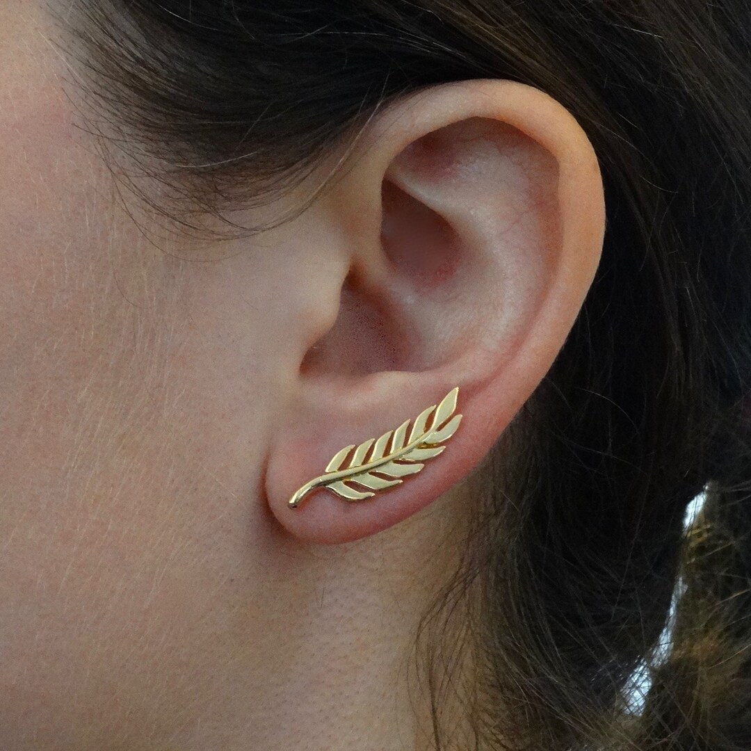 Gold Ear Climber Climber Earrings Ear Crawlers Gold Feather Etsy