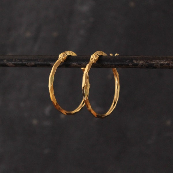 Gold Faceted Hoops, Medium Gold Hoops, Gold Vermeil Simple Hoop Earrings