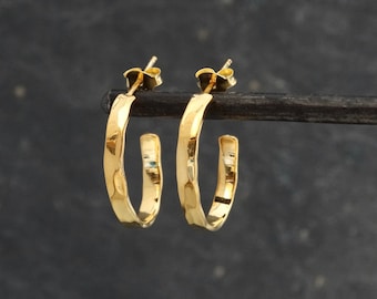 Gold Hoop Earrings, Hammered Gold Hoops, Textured Gold Earrings, Minimal Hoops, Stud Hoops, Gold Vermeil