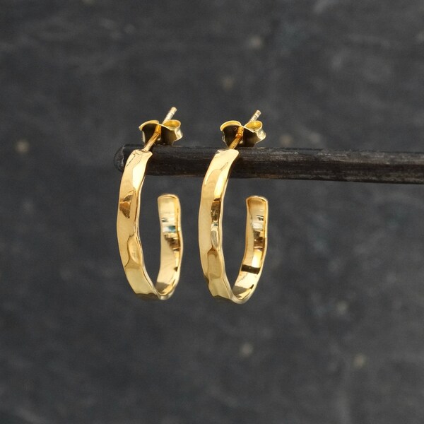 Gold Hoop Earrings, Hammered Gold Hoops, Textured Gold Earrings, Minimal Hoops, Stud Hoops, Gold Vermeil