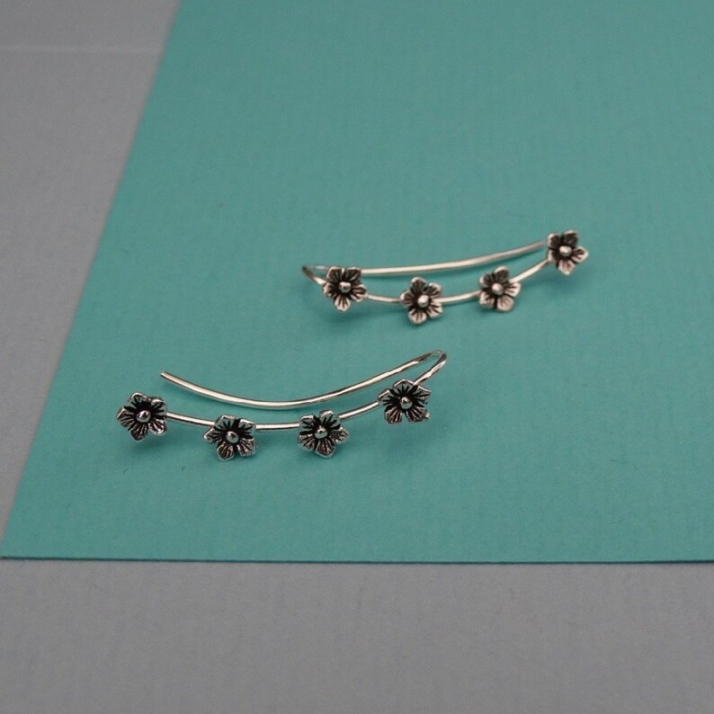 Silver Ear Climbers, Flower Climber Earrings, Sterling Silver Ear Crawlers , Ear Cuff, Boho Silver Stud Earrings image 2