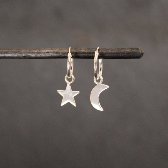 Star and Moon Earrings Silver Hoops Silver Hoop Earrings | Etsy