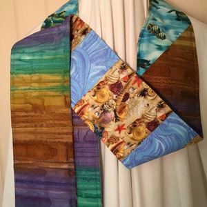 Beach Ocean Clergy Stole: Reversible, Sea Turtle & Seashell Design, Matching Mask
