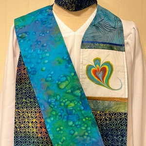 Reversible Fish & Water Clergy Stole: Hand-Painted Batik Art