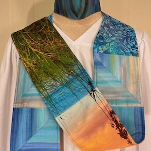 Reversible Clergy Stole: Beach Sunset, Blue Geometric Pattern, Matching Mask