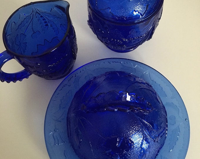 Vintage Cobalt Blue Glass Sugar Bowl With Dome Lid, Creamer & Butter