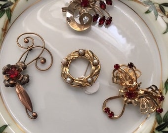 Vintage Brooch Lot, One Pendant, Pearl Ruby/Garnet Colored Gold Tone, Harry Iskin