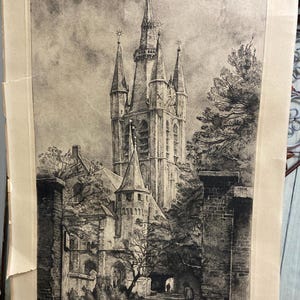 Original Hand Signed artist’s proof etching, Gothic cathedral by W.G. Hofker 1949. A Dutch Master print maker, Architectural Art, unframed