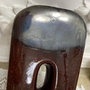 Mid Century MCM Pottery Vase, Metallic Luster Gunmetal w/ Tortoise Shell Glaze, Sculptural Ceramic Art Vase 9.5”H x 4.75”W x 2”D, unmarked