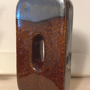 Mid Century MCM Art Pottery Vase Unique Metallic  Gunmetal Top, Tortoise Shell Glaze, Sculptured Ceramic, cut out center 9.5”H x 4.75”W