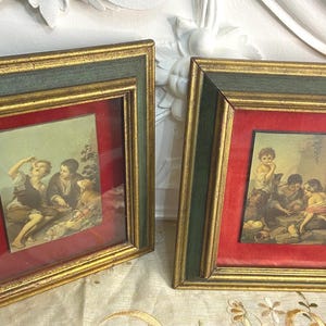 Vintage Pair Murillo Prints, Boys Eating Melon Boys Playing Jacks, Red Velvet fabric matting in Shadowbox Wooden, green & gold frames