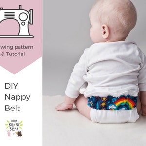 May include: A DIY Nappy Belt sewing pattern and tutorial. The pattern features a colorful design with rainbows, clouds, and stars. The tutorial is from Little Bunny Bear.
