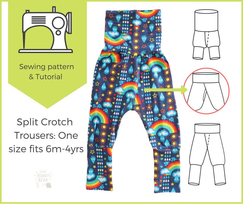 6m-4yrs, one size, Potty training sewing pattern / split crotch trousers /split pants / PDF pattern / elimination communication image 1