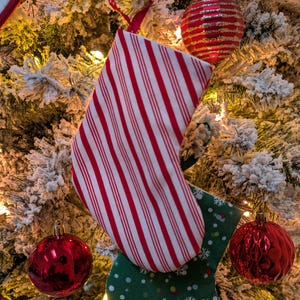 May include: Two Christmas stockings hang on a snow-covered tree, one with red and white stripes, the other green with white snowflakes. Red and gold ornaments decorate the tree, creating a festive holiday scene.