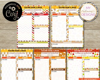 May include: A set of five digital classroom newsletter templates featuring fall-themed patterns including chevron, autumn leaves, coffee cups, floral motifs, and polka dots. Each template includes sections for news, events, recognition, and reminders.