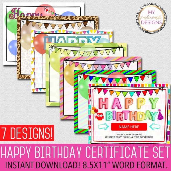 Happy Birthday Certificate Set, 8.5x11" Word Format, Instant Download, Print Yourself, Enter Name into Text Box