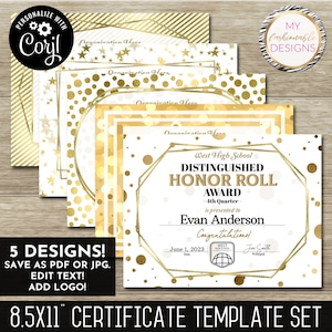 Urkundenvorlagen Set - Weiß & Gold - 5 Designvorlagen!  8.5x11" - Speichern als JPG oder PDF - Corjl Selbstbearbeiten
