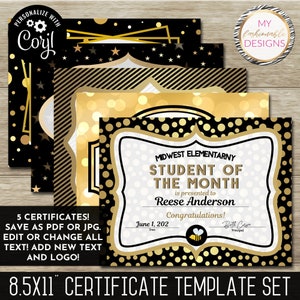 Certificate Template Set - Black & Gold - 5 design templates!  8.5x11" - Save as JPG or PDF - Corjl Self-Edit